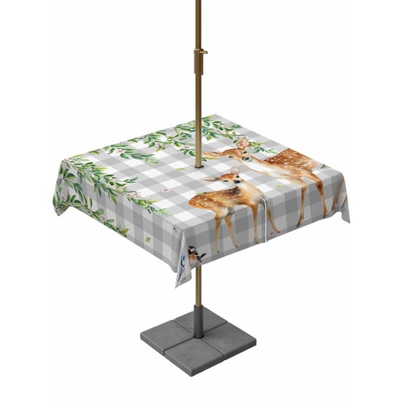 Outdoor Tablecloths with Umbrella Hole & Zipper, Spring Botanical 54x54 Inch Square Tablecloths, Green Leaves Deers Birds Flowers Gray Plaid Waterproof Table Cloth, Patio/Pool/Picnic Table Covers