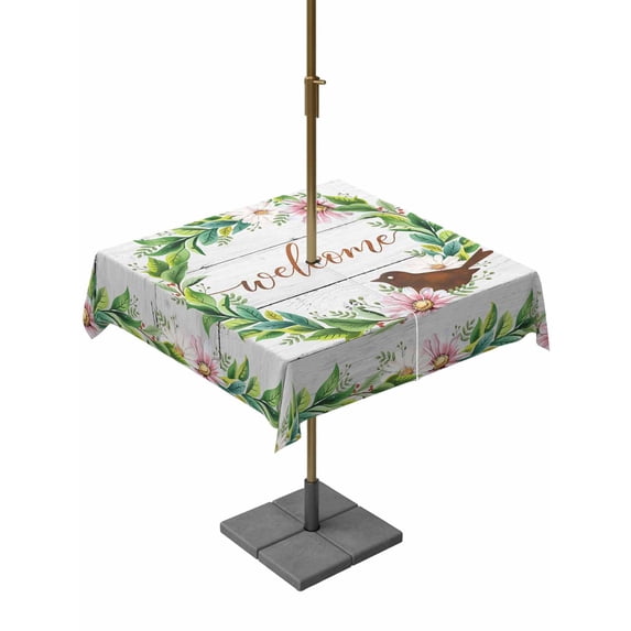 Outdoor Tablecloths with Umbrella Hole & Zipper, Spring Botanical 60x60 Inch Square Tablecloths, Garden Birds Floral Leaves Gray Woodn Waterproof Table Cloth, Patio/Pool/Picnic Table Covers