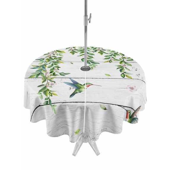 Outdoor Tablecloths with Umbrella Hole & Zipper, Spring Botanical Round Tablecloth 54 Inch, Watercolor Leaves Flowers Birds Gray Wood Waterproof Table Cloth, Patio/Pool/Picnic Table Covers