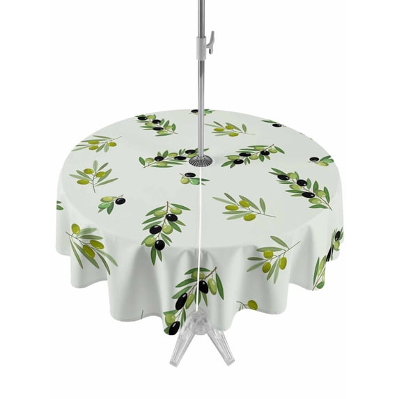 Outdoor Tablecloths with Umbrella Hole & Zipper, Spring Botanical Round Tablecloths 60 Inch, Green Olive Berry Branches Leaves Fruit Waterproof Table Cloth, Patio/Pool/Picnic Table Covers