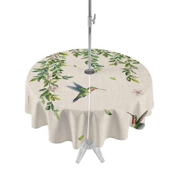 Outdoor Tablecloths with Umbrella Hole & Zipper, Spring Botanical Round Tablecloths 60 Inch, Watercolor Leaves Flowers Birds Beige Waterproof Table Cloth, Patio/Pool/Picnic Table Covers
