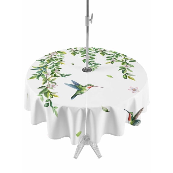Outdoor Tablecloths with Umbrella Hole & Zipper, Spring Botanical Round Tablecloths 60 Inch, Watercolor Leaves Flowers Birds Country Waterproof Table Cloth, Patio/Pool/Picnic Table Covers