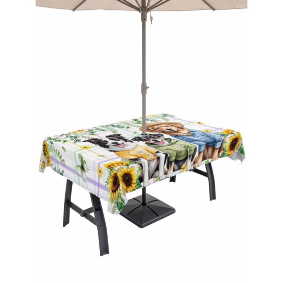 Outdoor Tablecloths with Umbrella Hole & Zipper, Spring Dog 54x80 Inch Tablecloth Rectangle, Sunflower Daisy Botanical Watercolor Waterproof Table Cloth, Patio/Pool/Picnic Table Covers