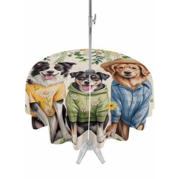 Outdoor Tablecloths with Umbrella Hole & Zipper, Spring Dog Round Tablecloth 54 Inch, Sunflower Daisy Botanical Rustic Waterproof Table Cloth, Patio/Pool/Picnic Table Covers