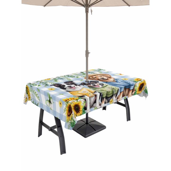 Outdoor Tablecloths with Umbrella Hole & Zipper, Spring Dog Tablecloth Rectangle 60x84 Inch, Sunflower Daisy Botanical Blue Plaid Waterproof Table Cloth, Patio/Pool/Picnic Table Covers