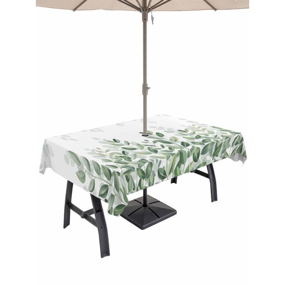 Outdoor Tablecloths with Umbrella Hole & Zipper, Spring Emerald Green Eucalyptus Rectangle Tablecloth 52x70 Inch, Botanical Leaf Country Waterproof Table Cloth, Patio/Pool/Picnic Table Covers