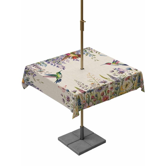Outdoor Tablecloths with Umbrella Hole & Zipper, Spring Floral 54x54 Inch Square Tablecloths, Daisy Sunflowers Wisteria Hummingbird Beige Waterproof Table Cloth, Patio/Pool/Picnic Table Covers