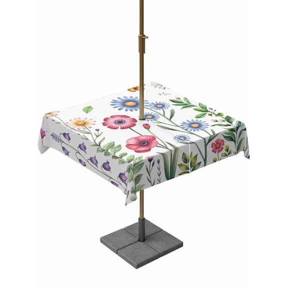 Outdoor Tablecloths with Umbrella Hole & Zipper, Spring Floral 54x54 Inch Square Tablecloths, Pink Blue Flowers Botanical Butterflies Waterproof Table Cloth, Patio/Pool/Picnic Table Covers