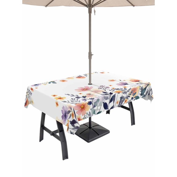 Outdoor Tablecloths with Umbrella Hole & Zipper, Spring Floral 54x80 Inch Tablecloth Rectangle, Elegant Flowers Farmhouse Botanical Waterproof Table Cloth, Patio/Pool/Picnic Table Covers