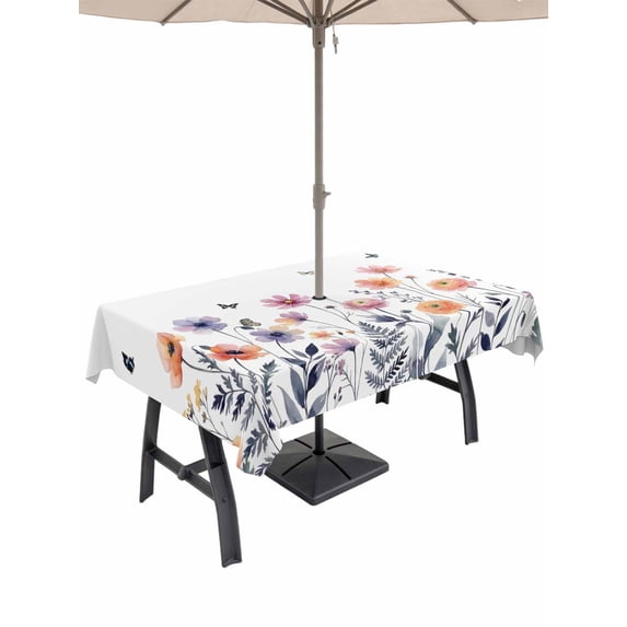 Outdoor Tablecloths with Umbrella Hole & Zipper, Spring Floral 54x80 Inch Tablecloth Rectangle, Elegant Pastoral Flowers Botanical Waterproof Table Cloth, Patio/Pool/Picnic Table Covers