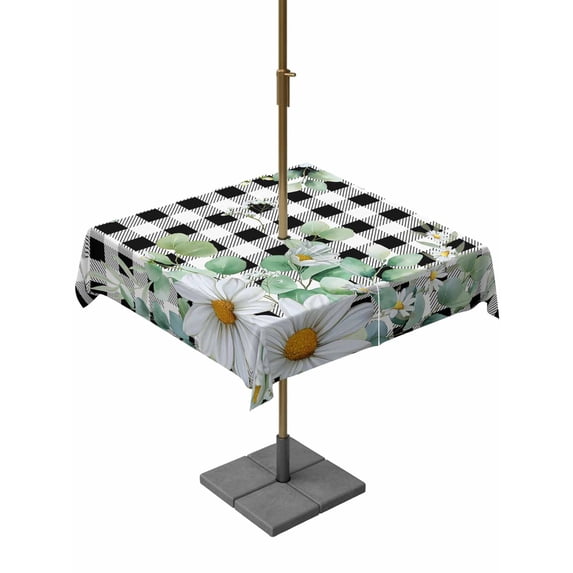 Outdoor Tablecloths with Umbrella Hole & Zipper, Spring Floral 60x60 Inch Square Tablecloths, Daisy Eucalyptus Leaves Black White Plaid Waterproof Table Cloth, Patio/Pool/Picnic Table Covers