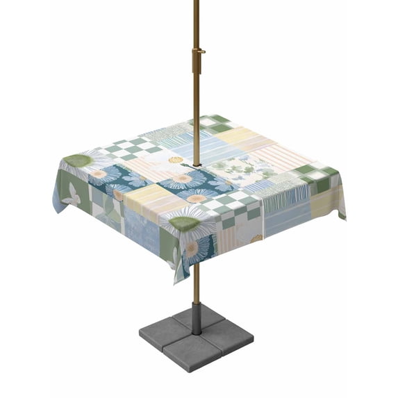 Outdoor Tablecloths with Umbrella Hole & Zipper, Spring Floral Checkered 60x60 Inch Square Tablecloths, Sage Green Daisy Buffalo Plaid Waterproof Table Cloth, Patio/Pool/Picnic Table Covers