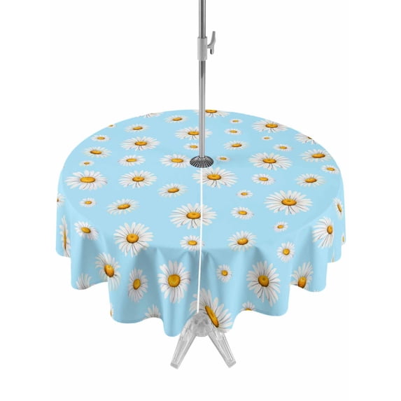 Outdoor Tablecloths with Umbrella Hole & Zipper, Spring Floral Daisy Round Tablecloths 60 Inch, Blue Elegant Pastoral Flowers Watercolor Waterproof Table Cloth, Patio/Pool/Picnic Table Covers
