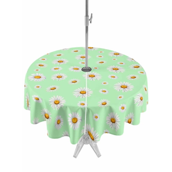 Outdoor Tablecloths with Umbrella Hole & Zipper, Spring Floral Daisy Round Tablecloths 60 Inch, Sage Green Elegant Pastoral Flowers Waterproof Table Cloth, Patio/Pool/Picnic Table Covers