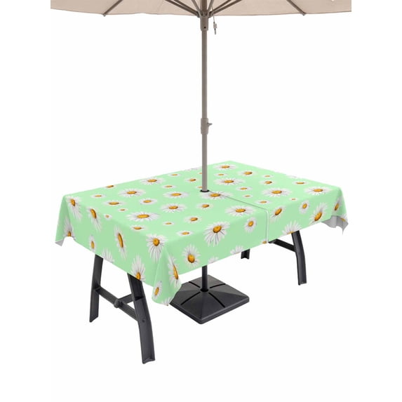 Outdoor Tablecloths with Umbrella Hole & Zipper, Spring Floral Daisy Tablecloth Rectangle 60x84 Inch, Sage Green Elegant Pastoral Flowers Waterproof Table Cloth, Patio/Pool/Picnic Table Covers