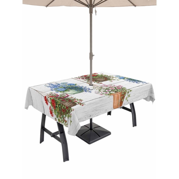 Outdoor Tablecloths with Umbrella Hole & Zipper, Spring Floral Rectangle Tablecloth 60x120 Inch, Wooden Elegant Pastoral Flowers Waterproof Table Cloth, Patio/Pool/Picnic Table Covers