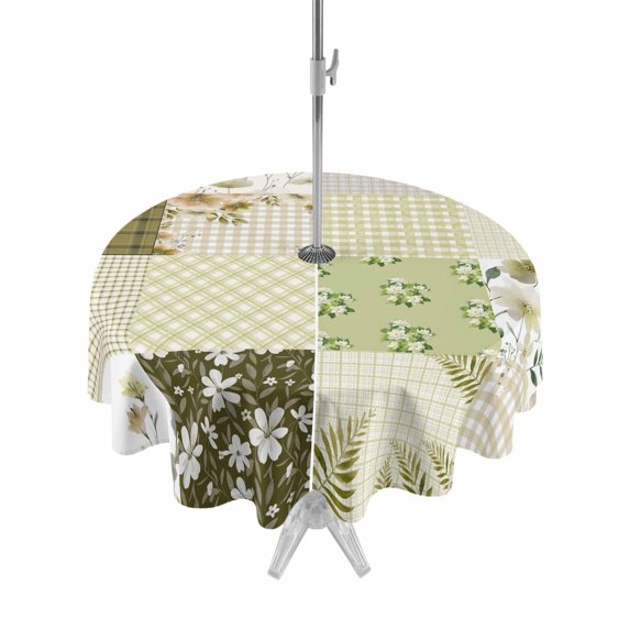 Outdoor Tablecloths with Umbrella Hole & Zipper, Spring Floral Round Tablecloth 54 Inch, Yellow Flowers Botanical Patchwork Grid Bohemia Waterproof Table Cloth, Patio/Pool/Picnic Table Covers