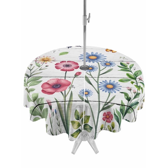 Outdoor Tablecloths with Umbrella Hole & Zipper, Spring Floral Round Tablecloths 60 Inch, Pink Blue Flowers Butterfly Wooden Waterproof Table Cloth, Patio/Pool/Picnic Table Covers