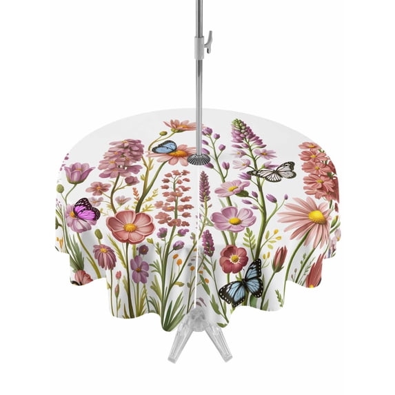 Outdoor Tablecloths with Umbrella Hole & Zipper, Spring Floral Round Tablecloths 60 Inch, Watercolor Lavender Daisy Butterflies Botanical Waterproof Table Cloth, Patio/Pool/Picnic Table Covers