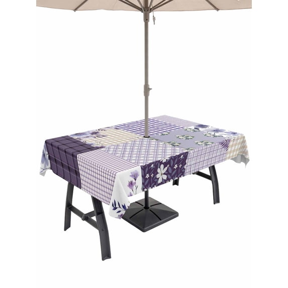Outdoor Tablecloths with Umbrella Hole & Zipper, Spring Floral Tablecloth Rectangle 60x84 Inch, Dark Purple Flowers Patchwork Grid Bohemia Waterproof Table Cloth, Patio/Pool/Picnic Table Covers