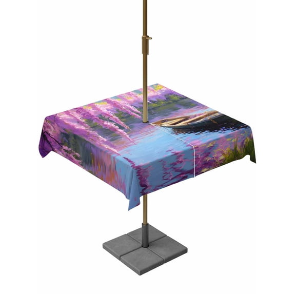 Outdoor Tablecloths with Umbrella Hole & Zipper, Spring Flowers 54x54 Inch Square Tablecloths, Purple Vine Lake Boat Grass Vintage Oil Painting Waterproof Table Cloth, Patio/Pool/Picnic Table Covers