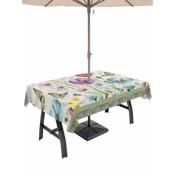 Outdoor Tablecloths with Umbrella Hole & Zipper, Spring Flowers 54x80 Inch Tablecloth Rectangle, Retro Boho Botanical Florals Butterfly Waterproof Table Cloth, Patio/Pool/Picnic Table Covers