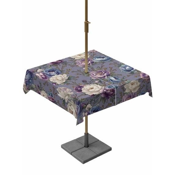 Outdoor Tablecloths with Umbrella Hole & Zipper, Spring Flowers 60x60 Inch Square Tablecloths, Farmhouse Retro Botanical Purple Blue Floral Waterproof Table Cloth, Patio/Pool/Picnic Table Covers