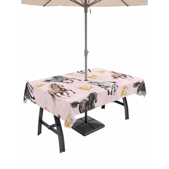 Outdoor Tablecloths with Umbrella Hole & Zipper, Spring Flowers Rectangle Tablecloth 52x70 Inch, Black Brown White Horse Country Pink Waterproof Table Cloth, Patio/Pool/Picnic Table Covers