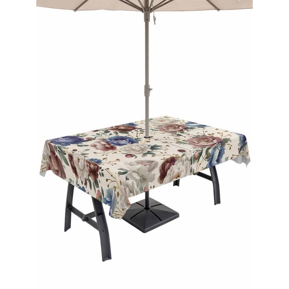 Outdoor Tablecloths with Umbrella Hole & Zipper, Spring Flowers Rectangle Tablecloth 52x70 Inch, Farmhouse Botanical Seasonal Floral Herbs Waterproof Table Cloth, Patio/Pool/Picnic Table Covers
