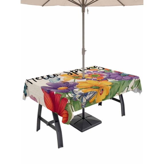 Outdoor Tablecloths with Umbrella Hole & Zipper, Spring Flowers Rectangle Tablecloth 52x70 Inch, Farmhouse Vintage Country Colorful Floral Waterproof Table Cloth, Patio/Pool/Picnic Table Covers