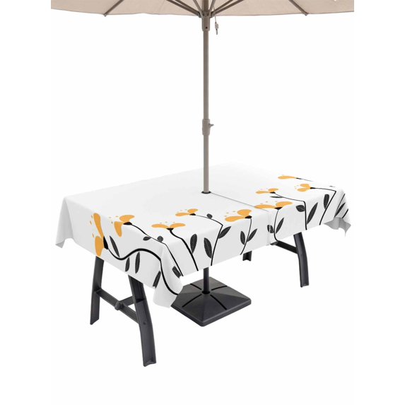 Outdoor Tablecloths with Umbrella Hole & Zipper, Spring Flowers Rectangle Tablecloth 60x120 Inch, Modern Simple Floral Plants Lines Art Waterproof Table Cloth, Patio/Pool/Picnic Table Covers
