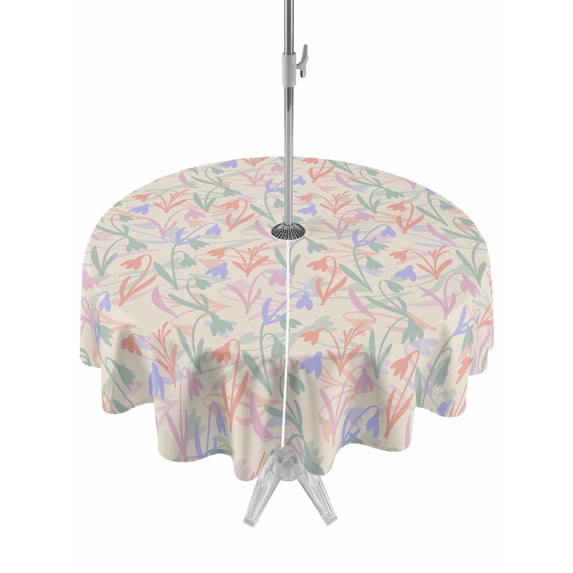 Outdoor Tablecloths with Umbrella Hole & Zipper, Spring Flowers Round Tablecloths 60 Inch, Abstract Pink Blue Floral Vintage Plants Waterproof Table Cloth, Patio/Pool/Picnic Table Covers