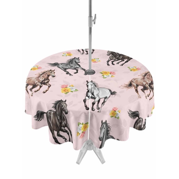 Outdoor Tablecloths with Umbrella Hole & Zipper, Spring Flowers Round Tablecloths 60 Inch, Black Brown White Horse Country Pink Waterproof Table Cloth, Patio/Pool/Picnic Table Covers