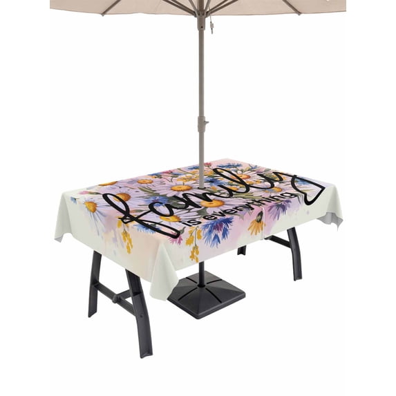 Outdoor Tablecloths with Umbrella Hole & Zipper, Spring Flowers Tablecloth Rectangle 60x84 Inch, Country Watercolor Wildflowers Herbs Waterproof Table Cloth, Patio/Pool/Picnic Table Covers