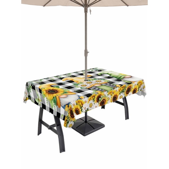 Outdoor Tablecloths with Umbrella Hole & Zipper, Spring Gnomes 54x80 Inch Tablecloth Rectangle, Botanical Budding Sunflowers Buffalo Plaid Waterproof Table Cloth, Patio/Pool/Picnic Table Covers
