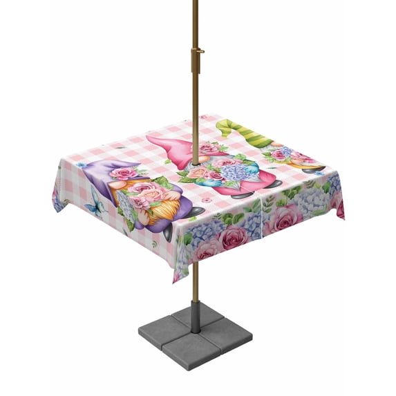 Outdoor Tablecloths with Umbrella Hole & Zipper, Spring Gnomes 60x60 Inch Square Tablecloths, Botanical Flowers Leaf Pink Buffalo Check Waterproof Table Cloth, Patio/Pool/Picnic Table Covers