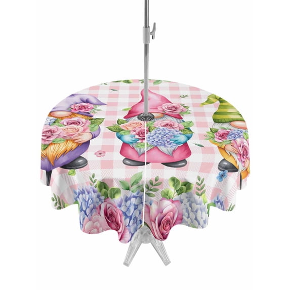 Outdoor Tablecloths with Umbrella Hole & Zipper, Spring Gnomes Round Tablecloths 60 Inch, Botanical Flowers Leaf Pink Buffalo Check Waterproof Table Cloth, Patio/Pool/Picnic Table Covers