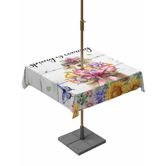 Outdoor Tablecloths with Umbrella Hole & Zipper, Spring Groundhog 60x60 Inch Square Tablecloths, Watercolor Sunflower Botanical Vintage Waterproof Table Cloth, Patio/Pool/Picnic Table Covers