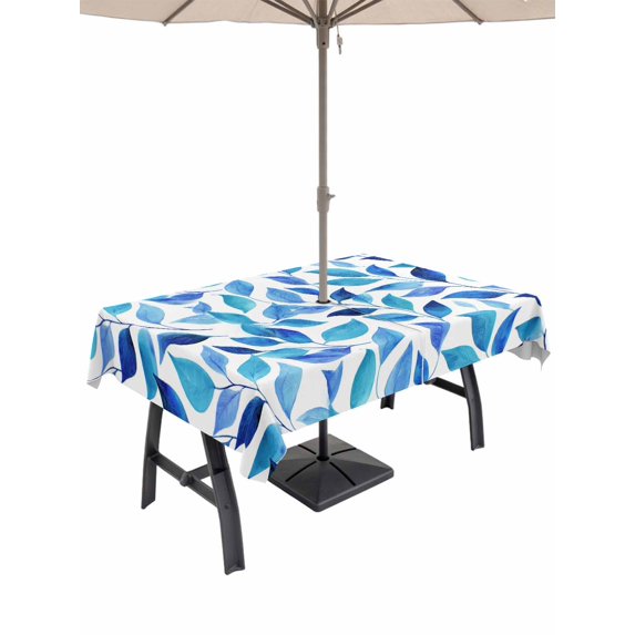Outdoor Tablecloths with Umbrella Hole & Zipper, Spring Leaves 60 x102 Inch Rectangle Tablecloths, Blue Plants Country Botanical Leaf Waterproof Table Cloth, Patio/Pool/Picnic Table Covers