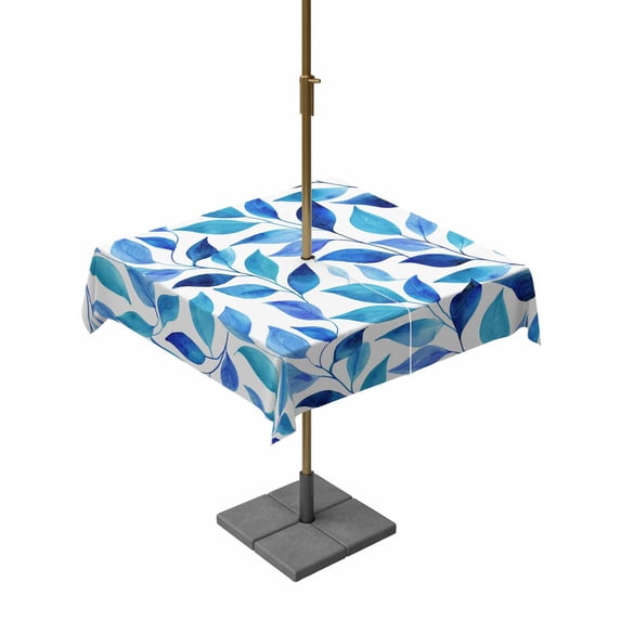 Outdoor Tablecloths with Umbrella Hole & Zipper, Spring Leaves 60x60 Inch Square Tablecloths, Blue Plants Country Botanical Leaf Waterproof Table Cloth, Patio/Pool/Picnic Table Covers