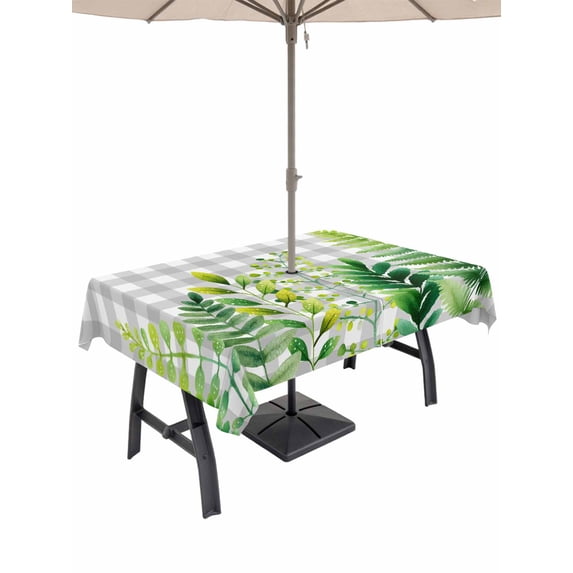 Outdoor Tablecloths with Umbrella Hole & Zipper, Spring Leaves Rectangle Tablecloth 52x70 Inch, Pastoral Garden Botanical Gray Plaid Waterproof Table Cloth, Patio/Pool/Picnic Table Covers