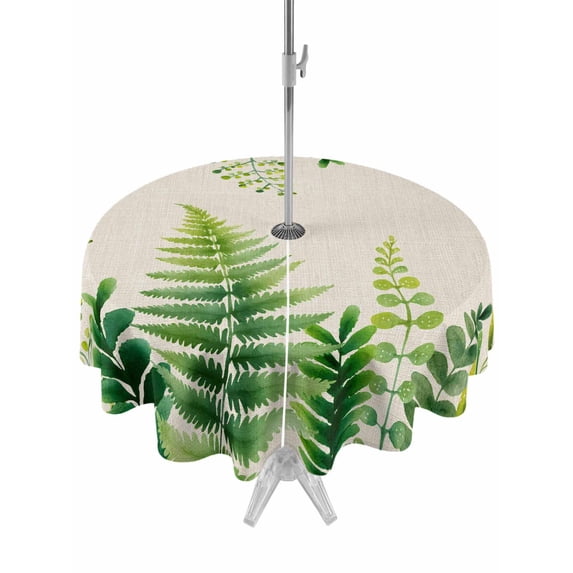 Outdoor Tablecloths with Umbrella Hole & Zipper, Spring Leaves Round Tablecloth 54 Inch, Pastoral Garden Botanical Rustic Burlap Waterproof Table Cloth, Patio/Pool/Picnic Table Covers