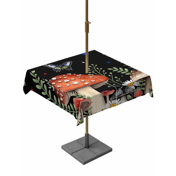 Outdoor Tablecloths with Umbrella Hole & Zipper, Spring Mushrooms 54x54 Inch Square Tablecloths, Farmhouse Pastoral Botanical Stars Rustic Waterproof Table Cloth, Patio/Pool/Picnic Table Covers