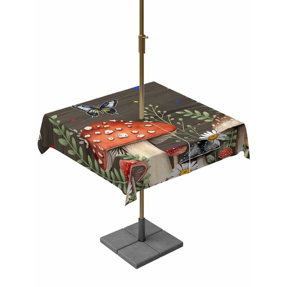 Outdoor Tablecloths with Umbrella Hole & Zipper, Spring Mushrooms 60x60 Inch Square Tablecloths, Farmhouse Pastoral Botanical Brown Wood Waterproof Table Cloth, Patio/Pool/Picnic Table Covers