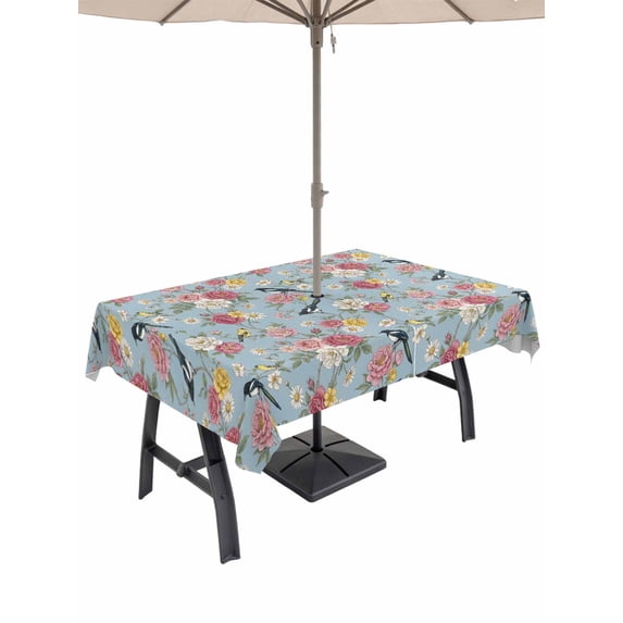 Outdoor Tablecloths with Umbrella Hole & Zipper, Spring Red Floral 60 x102 Inch Rectangle Tablecloths, Daiy Birds Farmhouse Blue Botanical Waterproof Table Cloth, Patio/Pool/Picnic Table Covers