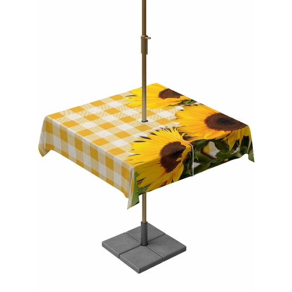 Outdoor Tablecloths with Umbrella Hole & Zipper, Spring Sunflowers 54x54 Inch Square Tablecloths, Yellow White Plaid Farmhouse Rustic Waterproof Table Cloth, Patio/Pool/Picnic Table Covers