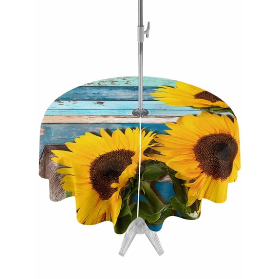 Outdoor Tablecloths with Umbrella Hole & Zipper, Spring Sunflowers Round Tablecloths 60 Inch, Yellow Floral Turquoise Farmhouse Wood Grain Waterproof Table Cloth, Patio/Pool/Picnic Table Covers