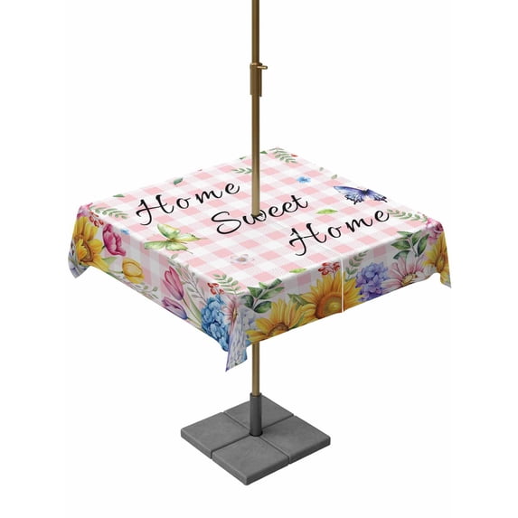 Outdoor Tablecloths with Umbrella Hole & Zipper, Spring Wildflowers 54x54 Inch Square Tablecloths, Watercolor Floral Butterflies Pink Plaid Waterproof Table Cloth, Patio/Pool/Picnic Table Covers