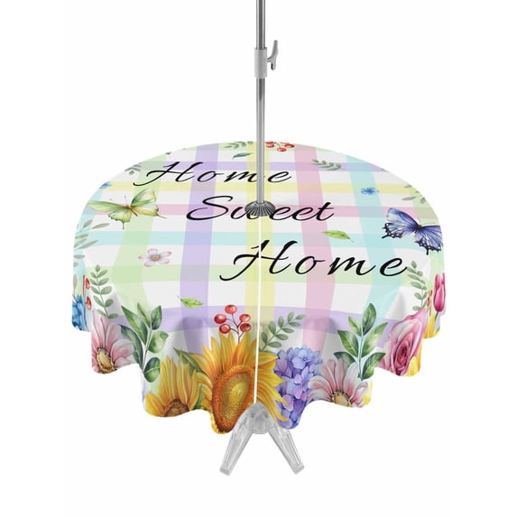 Outdoor Tablecloths with Umbrella Hole & Zipper, Spring Wildflowers Round Tablecloth 54 Inch, Watercolor Floral Leaf Colorful Plaid Waterproof Table Cloth, Patio/Pool/Picnic Table Covers