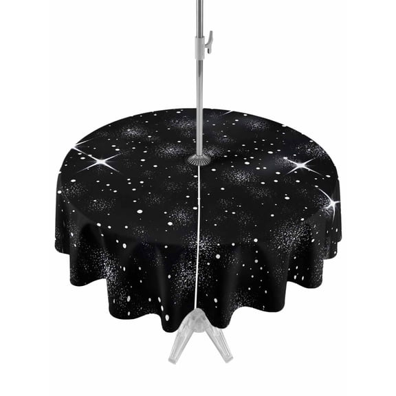 Outdoor Tablecloths with Umbrella Hole & Zipper, Starry Sky Round Tablecloth 54 Inch, Modern Black Abstract Dots Stars Aesthetic Waterproof Table Cloth, Patio/Pool/Picnic Table Covers